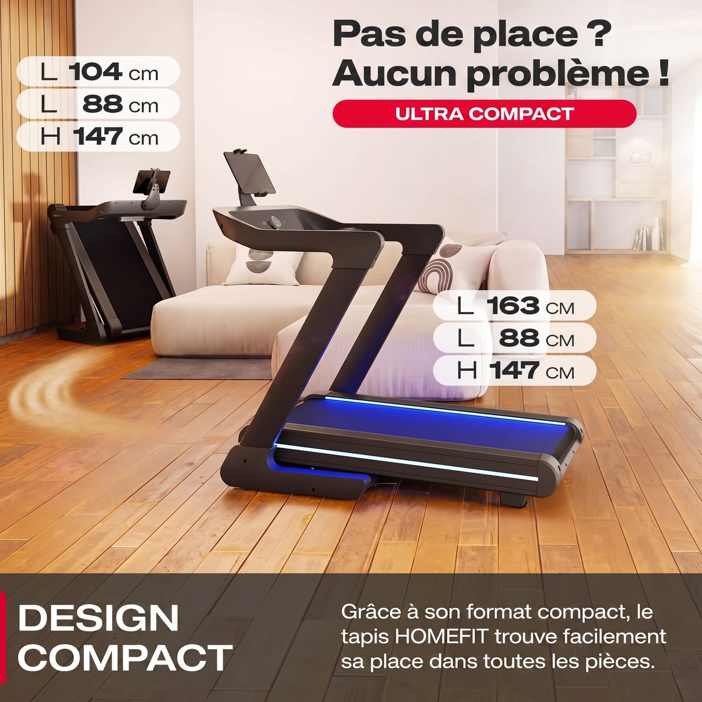Tapis de course Apex – 20 km/h – Inclinaison 16 % – 7 CV – Bluetooth