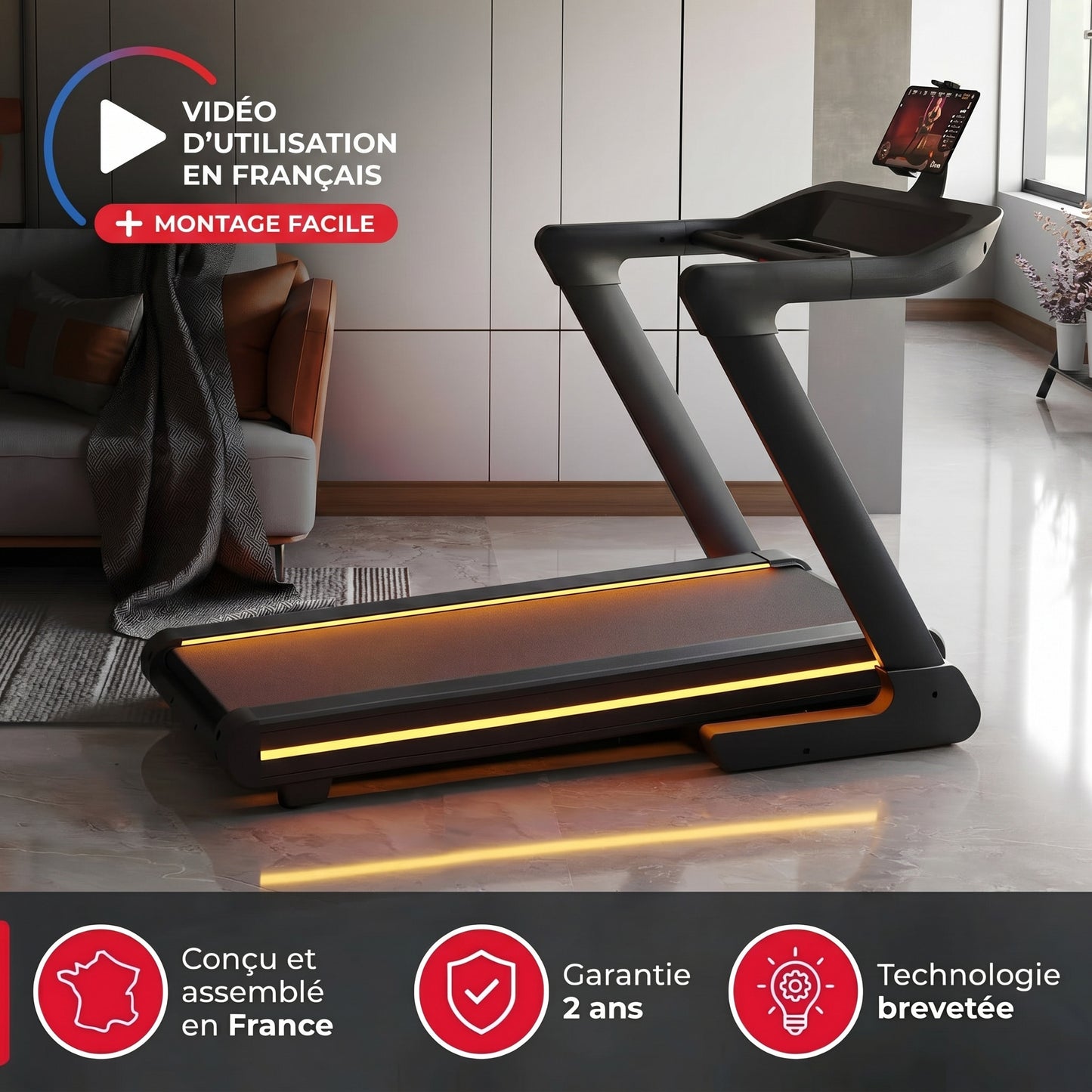 Tapis de course Apex – 20 km/h – Inclinaison 16 % – 7 CV – Bluetooth