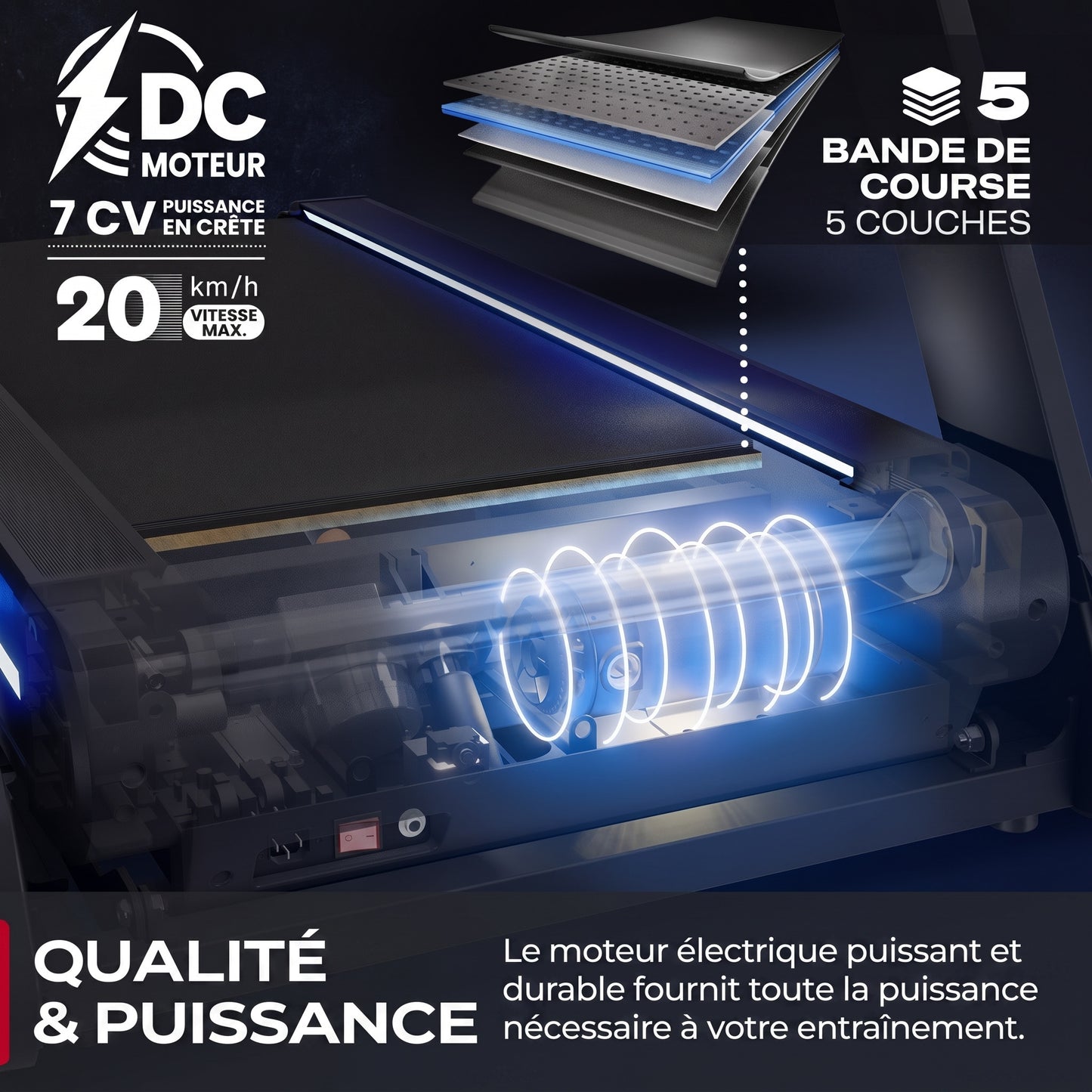 Tapis de course Apex – 20 km/h – Inclinaison 16 % – 7 CV – Bluetooth