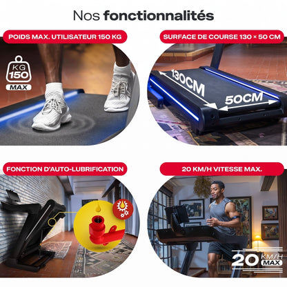 Tapis de course Apex – 20 km/h – Inclinaison 16 % – 7 CV – Bluetooth