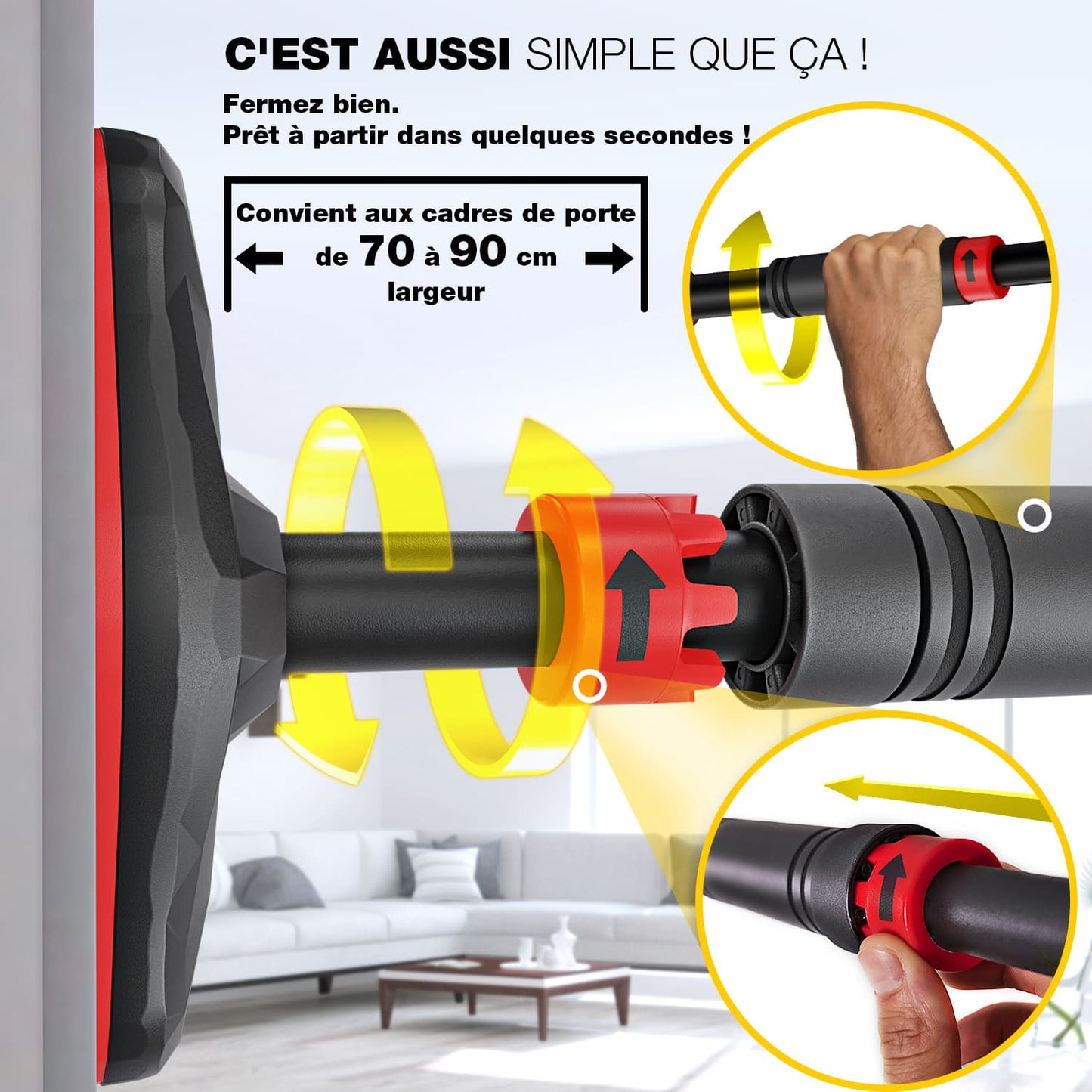Barre de Traction Porte Homefit PowerGrip – Sans Perçage – Réglable 65 à 90 cm – Poignées Antidérapantes – 150 kg
