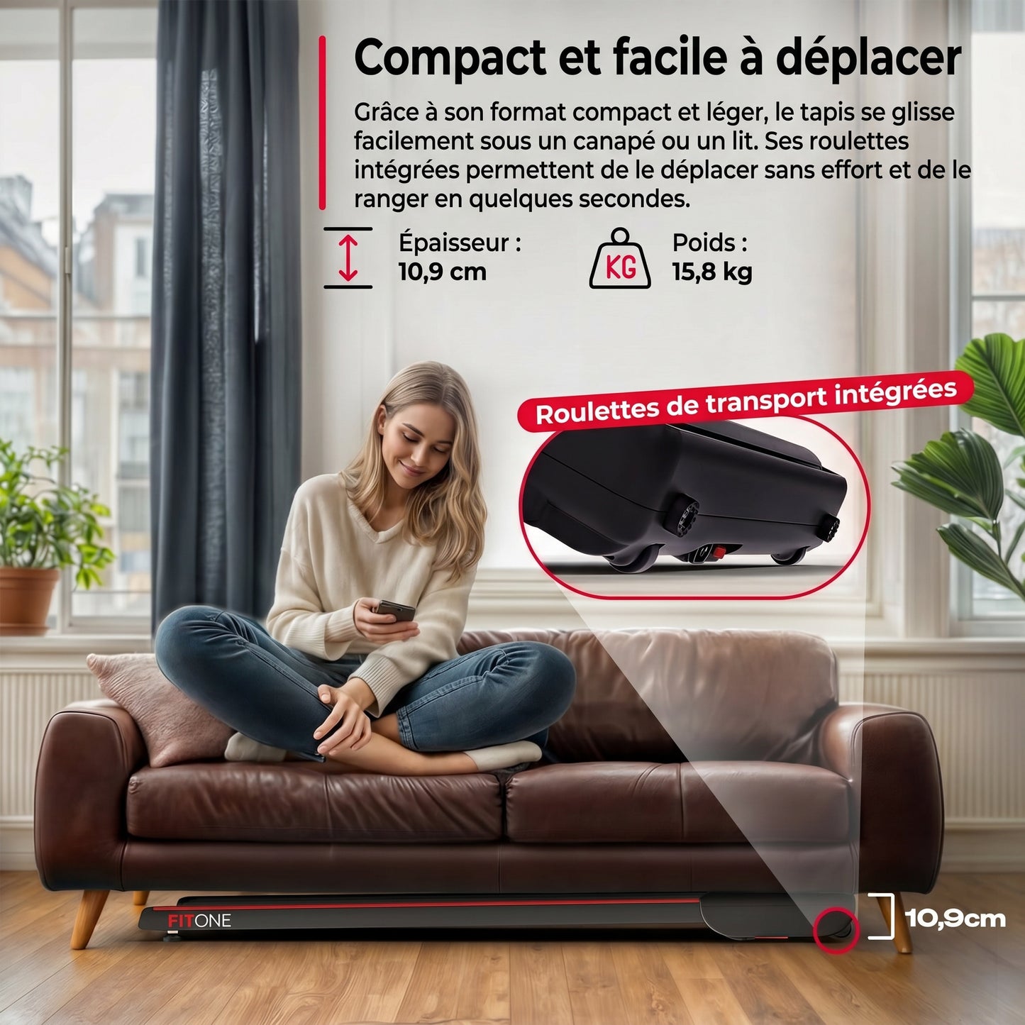 Tapis de marche FitOne – 6 km/h – Inclinaison 9 % – 4 programmes – Bluetooth