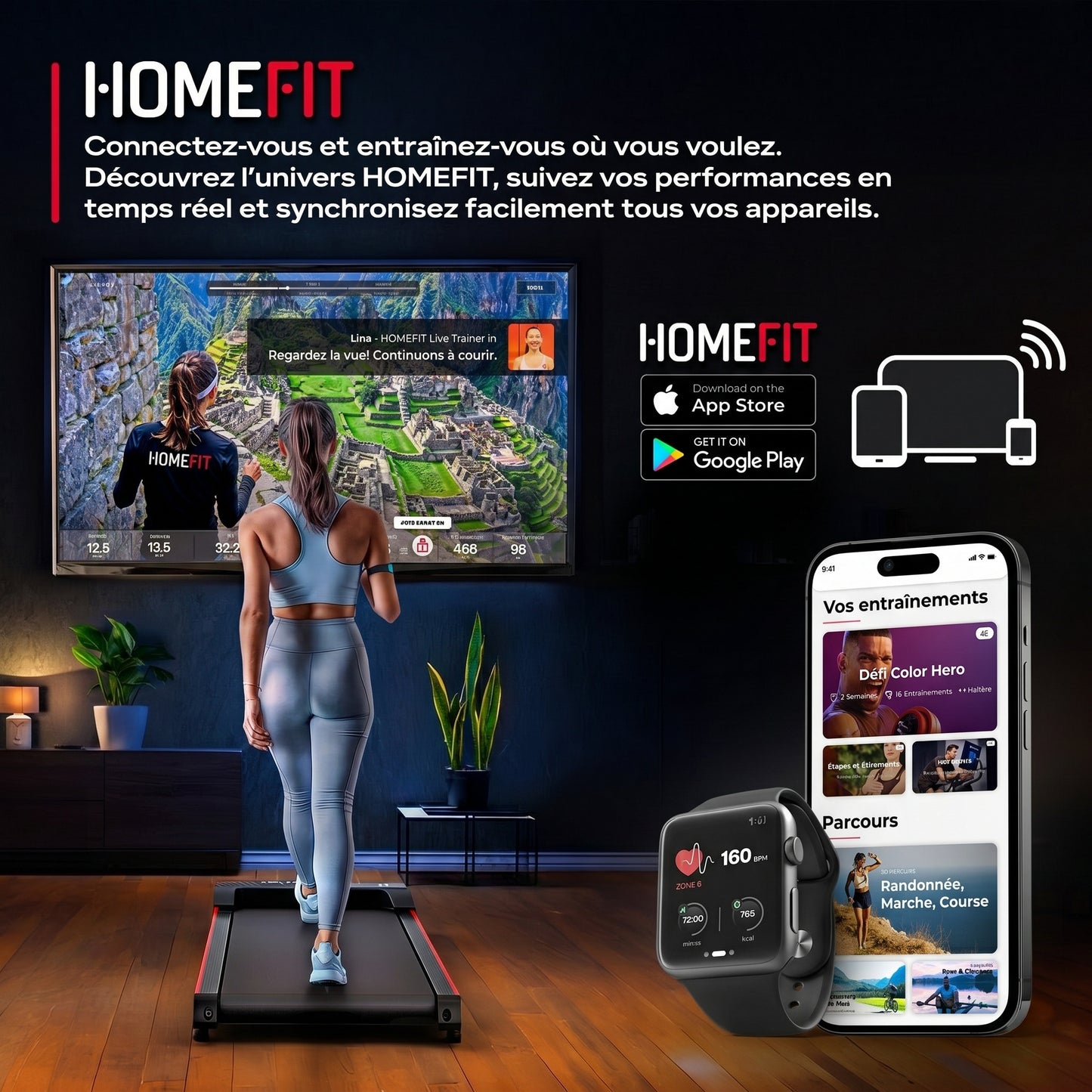 Tapis de marche FitOne – 6 km/h – Inclinaison 9 % – 4 programmes – Bluetooth