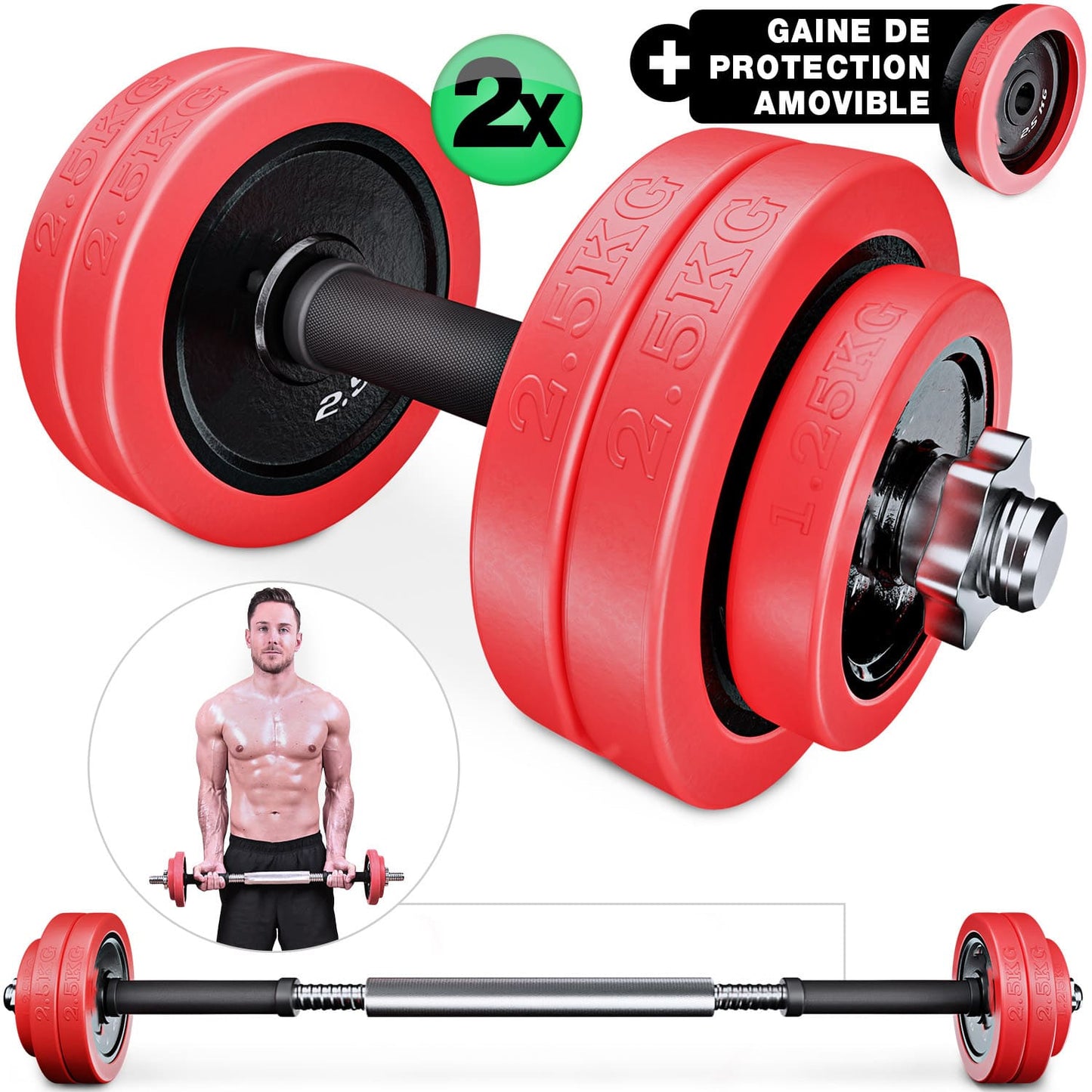 Kit Haltères Réglables Homefit Titan 20 kg – 2 en 1 Haltères + Barre – Disques en Fonte – Poignées Antidérapantes