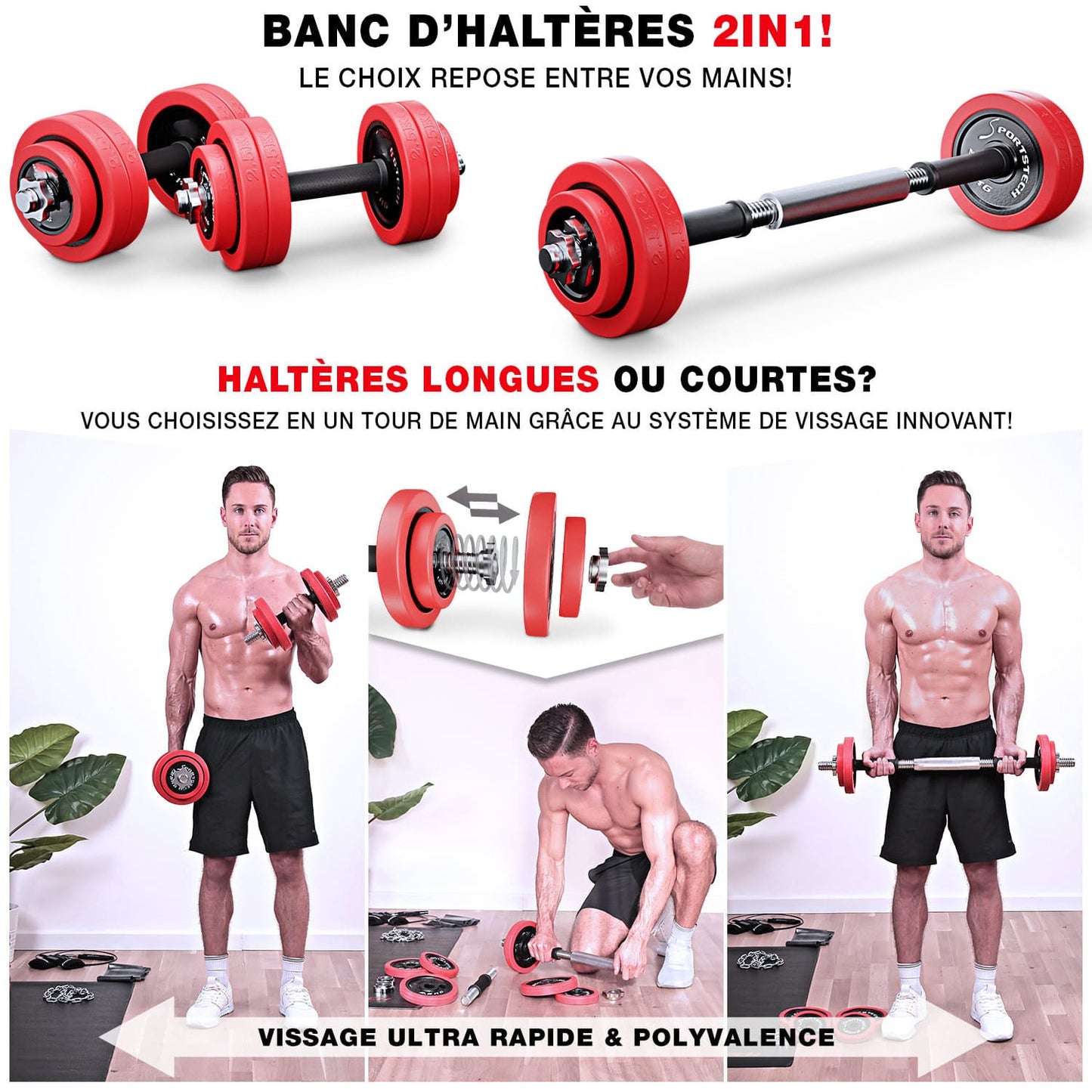 Kit Haltères Réglables Homefit Titan 20 kg – 2 en 1 Haltères + Barre – Disques en Fonte – Poignées Antidérapantes
