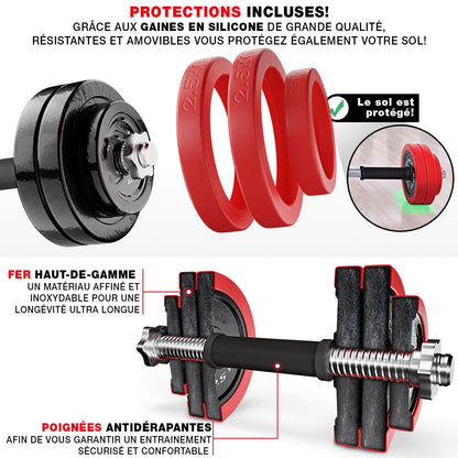 Kit Haltères Réglables Homefit Titan 20 kg – 2 en 1 Haltères + Barre – Disques en Fonte – Poignées Antidérapantes
