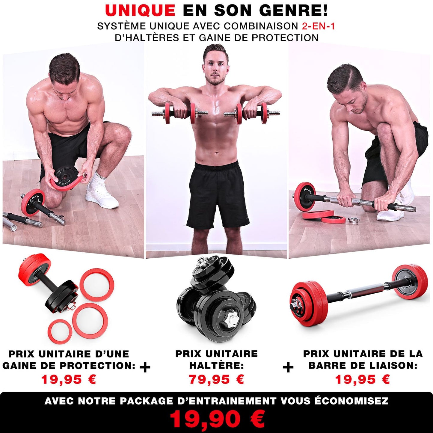 Kit Haltères Réglables Homefit Titan 20 kg – 2 en 1 Haltères + Barre – Disques en Fonte – Poignées Antidérapantes