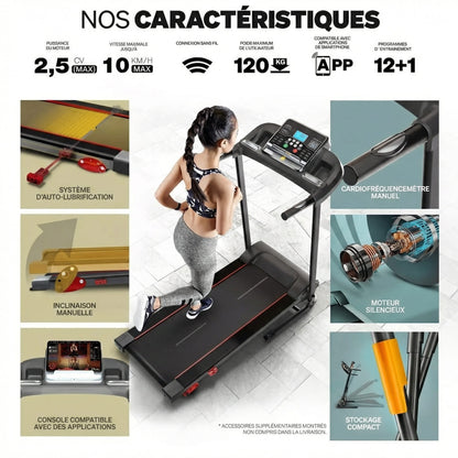 Tapis de course SprintFlow – 10 km/h – 12+1 programmes – Bluetooth – Autolubrifiant