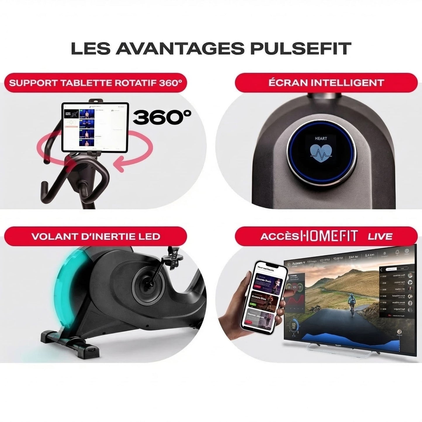 Vélo d’Appartement Homefit PulseFit – 24 Niveaux – Bluetooth – Support Tablette 360° – Charge Max. 120 kg