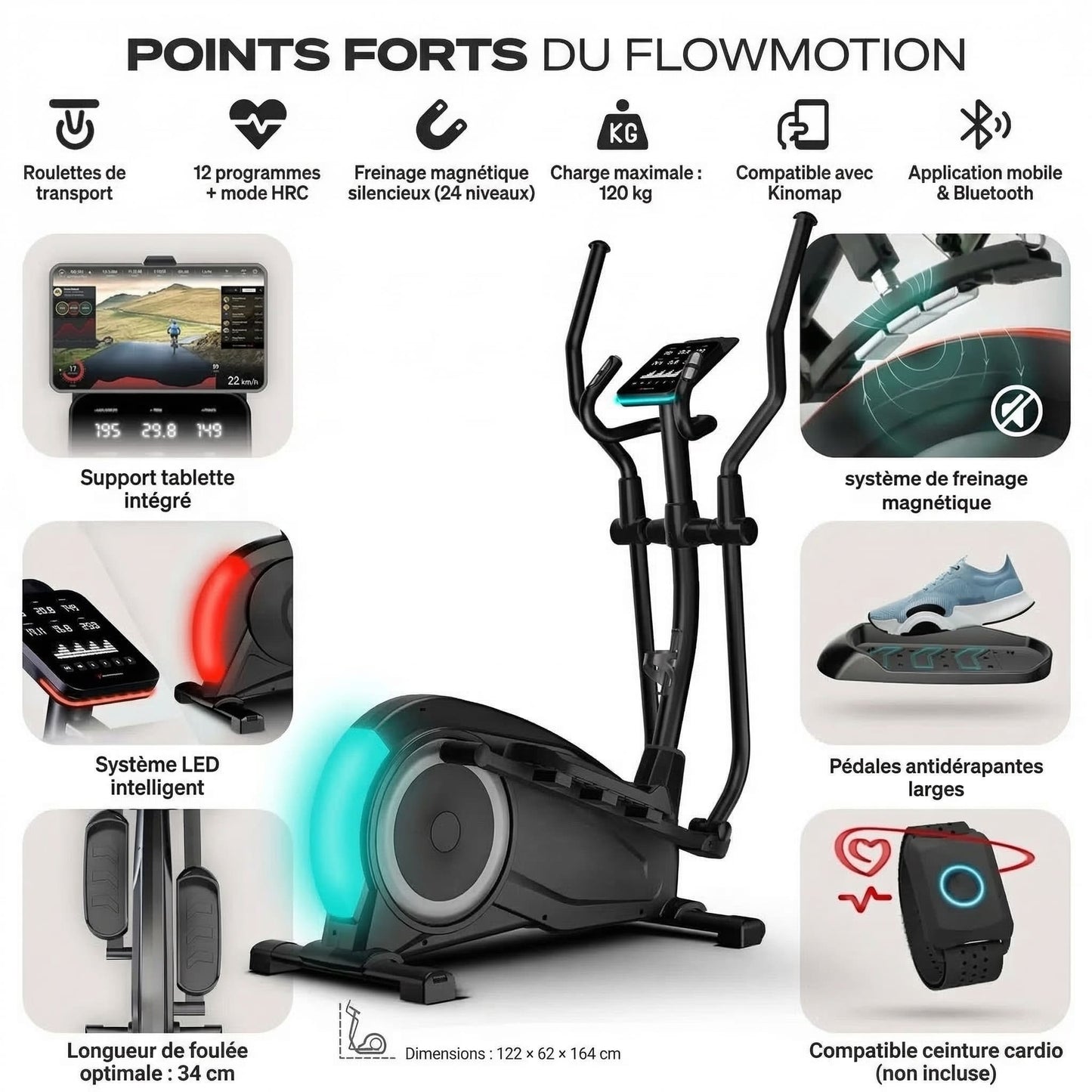 Vélo Elliptique Homefit FlowMotion – 24 Niveaux – Écran Tactile LED – Kinomap – Volant d’Inertie 24 kg – 120 kg