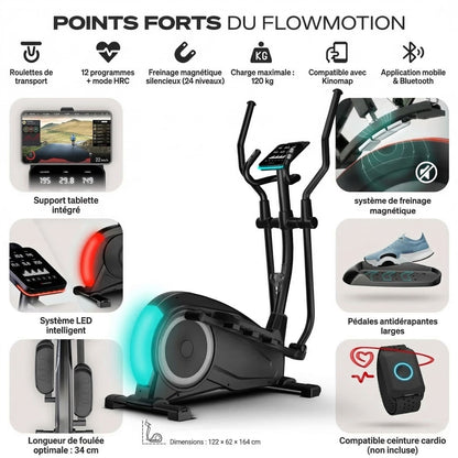 Vélo Elliptique Homefit FlowMotion – 24 Niveaux – Écran Tactile LED – Kinomap – Volant d’Inertie 24 kg – 120 kg