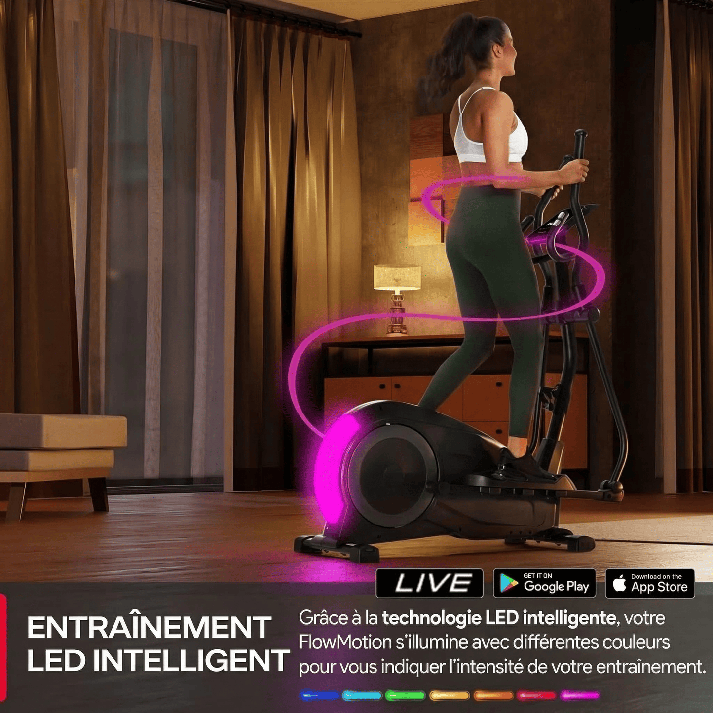 Vélo Elliptique Homefit FlowMotion – 24 Niveaux – Écran Tactile LED – Kinomap – Volant d’Inertie 24 kg – 120 kg