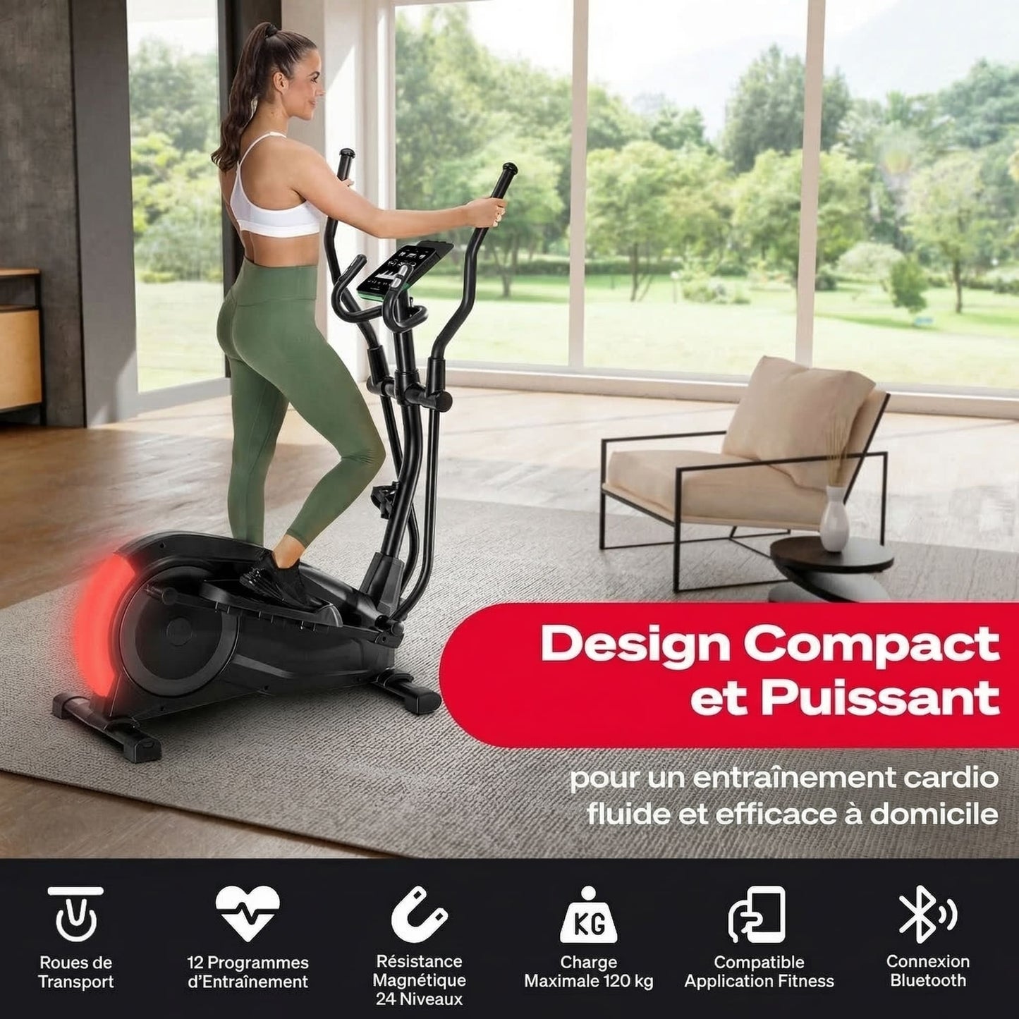 Vélo Elliptique Homefit FlowMotion – 24 Niveaux – Écran Tactile LED – Kinomap – Volant d’Inertie 24 kg – 120 kg