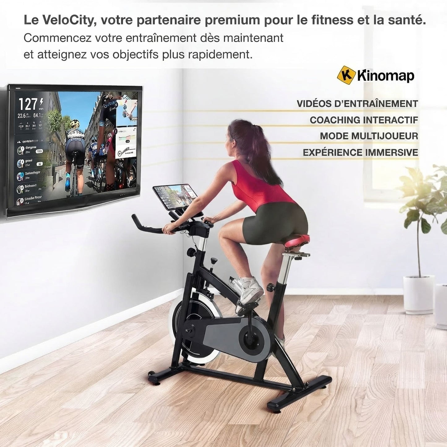 Vélo d’Appartement Homefit VeloCity – 22 kg d’Inertie – Bluetooth – Support Tablette – 125 kg