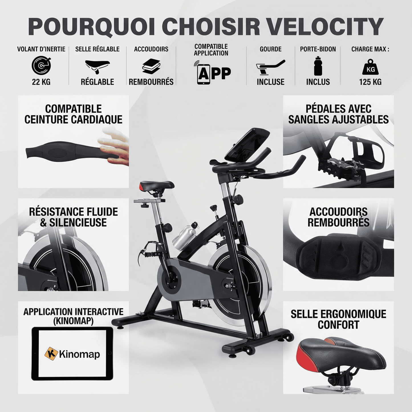 Vélo d’Appartement Homefit VeloCity – 22 kg d’Inertie – Bluetooth – Support Tablette – 125 kg