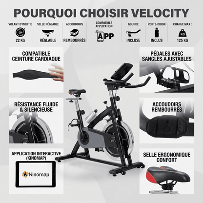 Vélo d’Appartement Homefit VeloCity – 22 kg d’Inertie – Bluetooth – Support Tablette – 125 kg