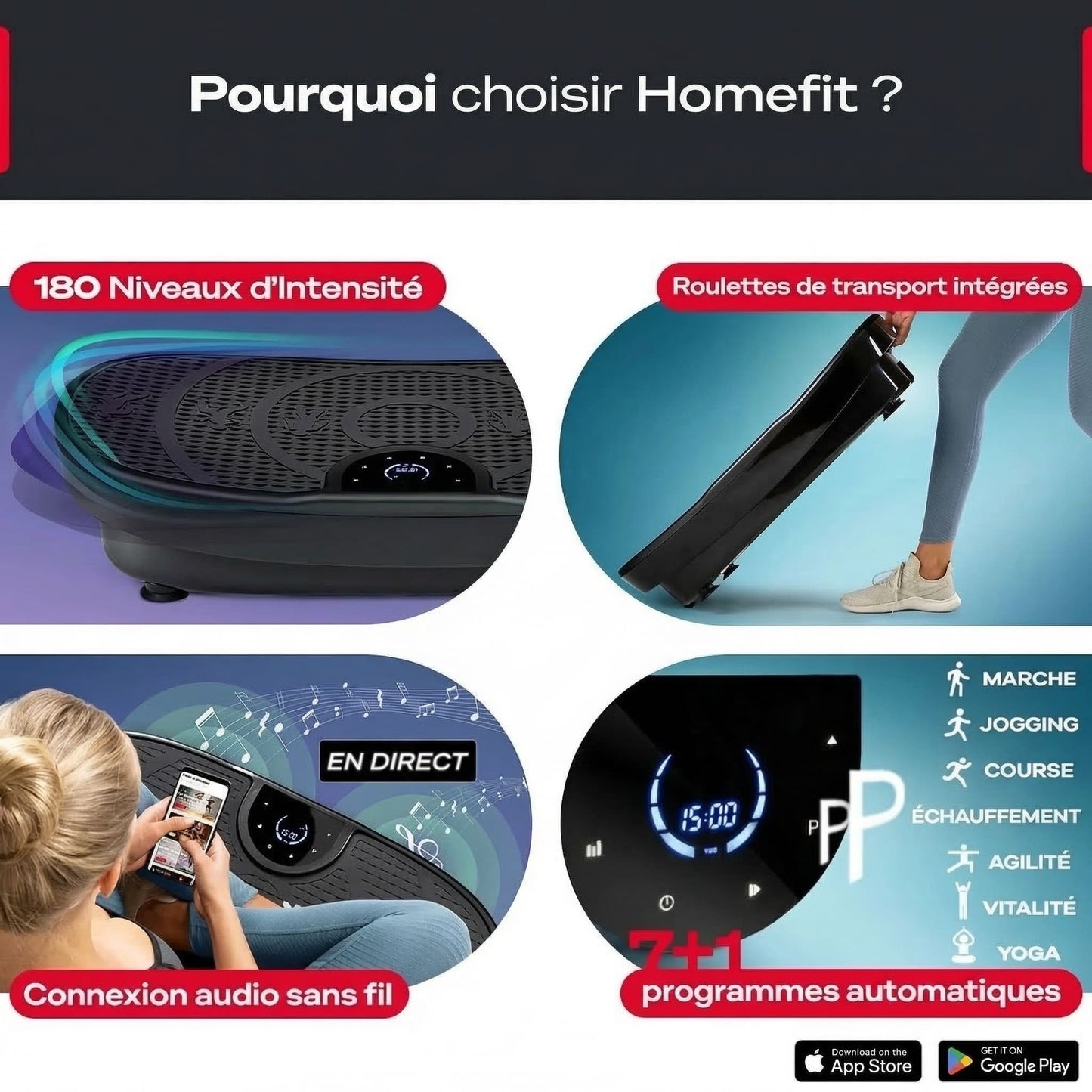Plateforme vibrante Homefit – 180 niveaux – 7 programmes – 200 W – Télécommande