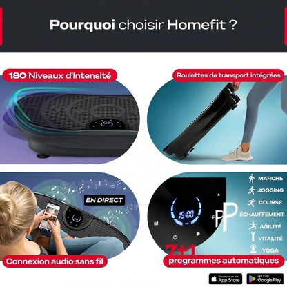 Plateforme vibrante Homefit – 180 niveaux – 7 programmes – 200 W – Télécommande