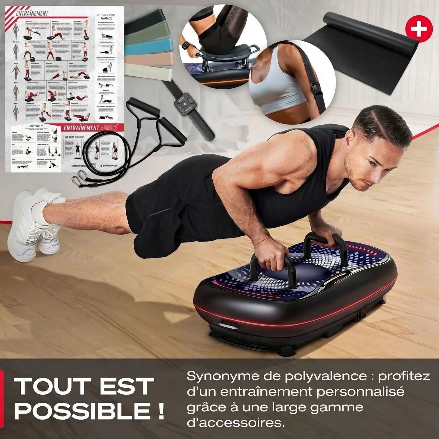 Plateforme vibrante HyperVibe 4D – 3 moteurs – 60 niveaux – Bluetooth – Écran tactile LED