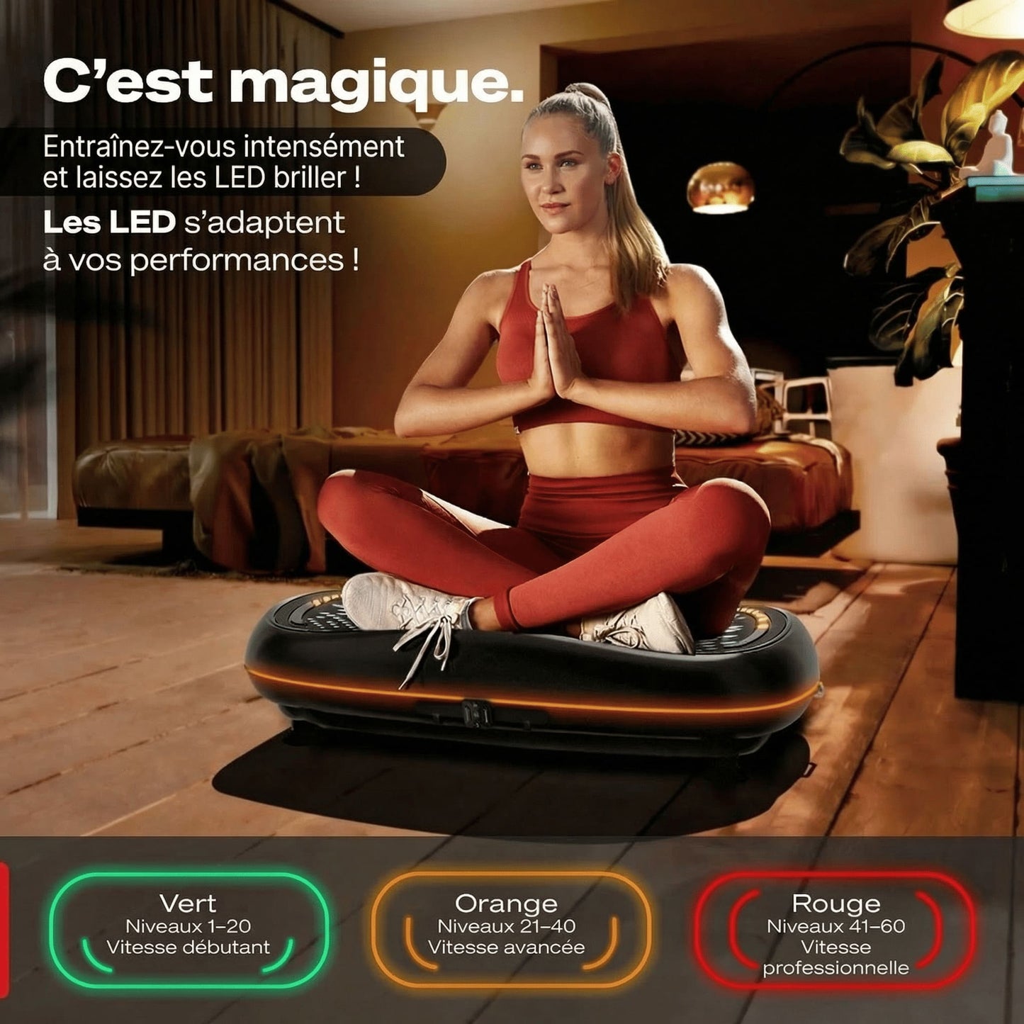 Plateforme vibrante HyperVibe 4D – 3 moteurs – 60 niveaux – Bluetooth – Écran tactile LED