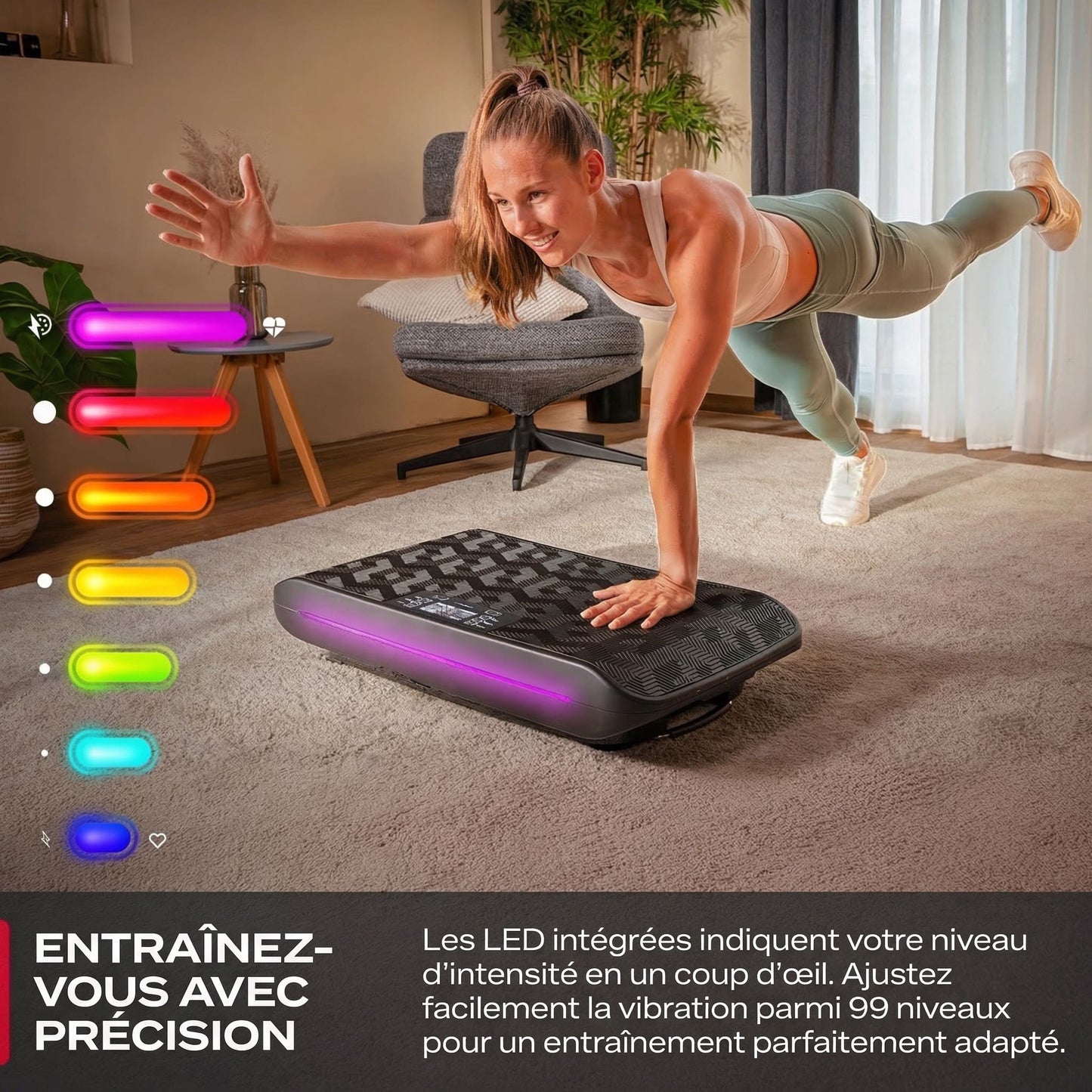 Plateforme vibrante CoreVibe – 99 niveaux – 200 W – Bluetooth – Télécommande