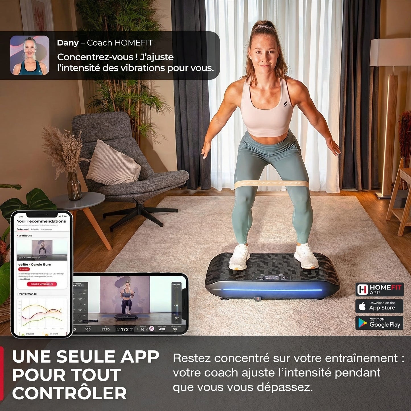 Plateforme vibrante CoreVibe – 99 niveaux – 200 W – Bluetooth – Télécommande