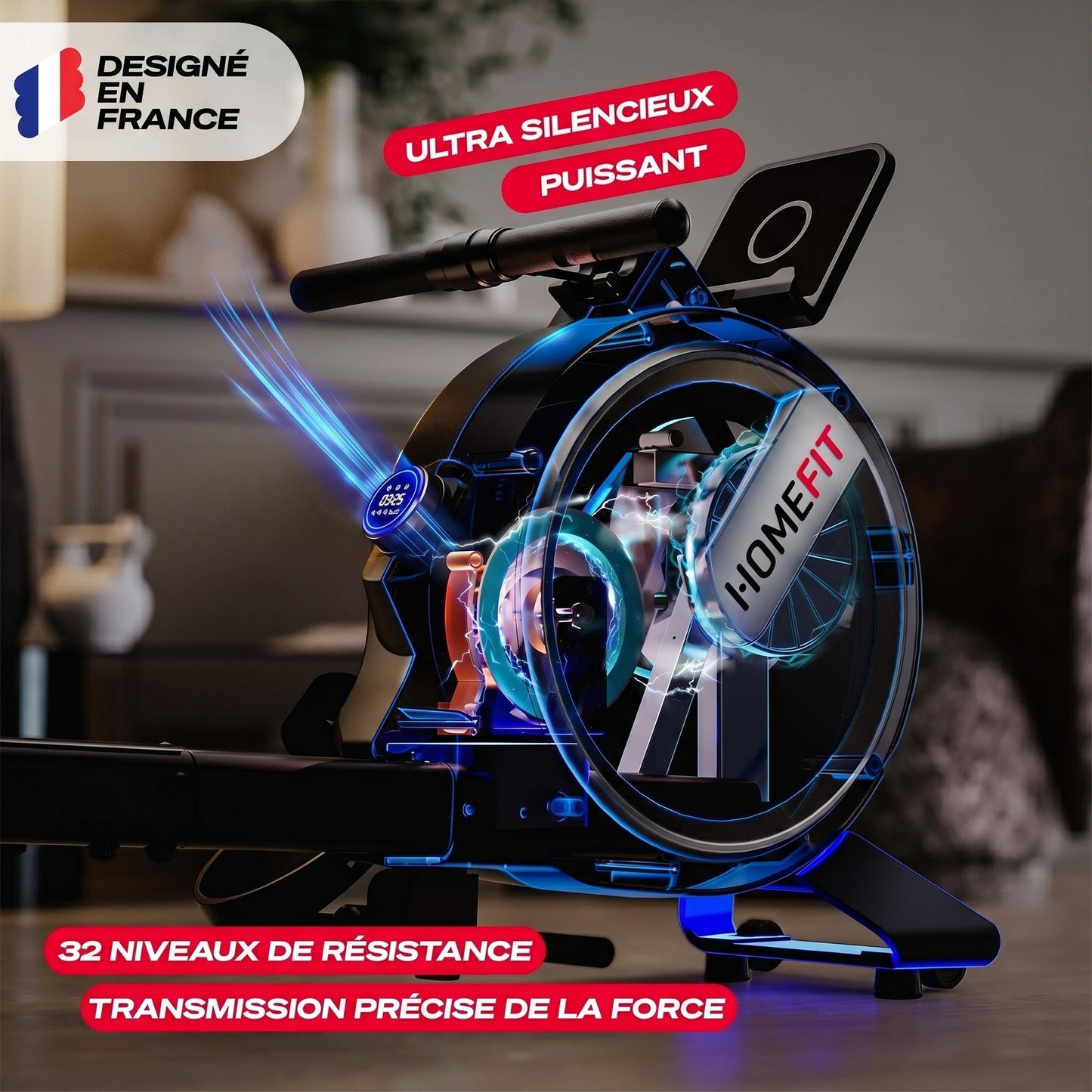 Rameur Magnétique Homefit Rower Pro – 32 Niveaux – Écran LED – Bluetooth – Charge Max. 150 kg