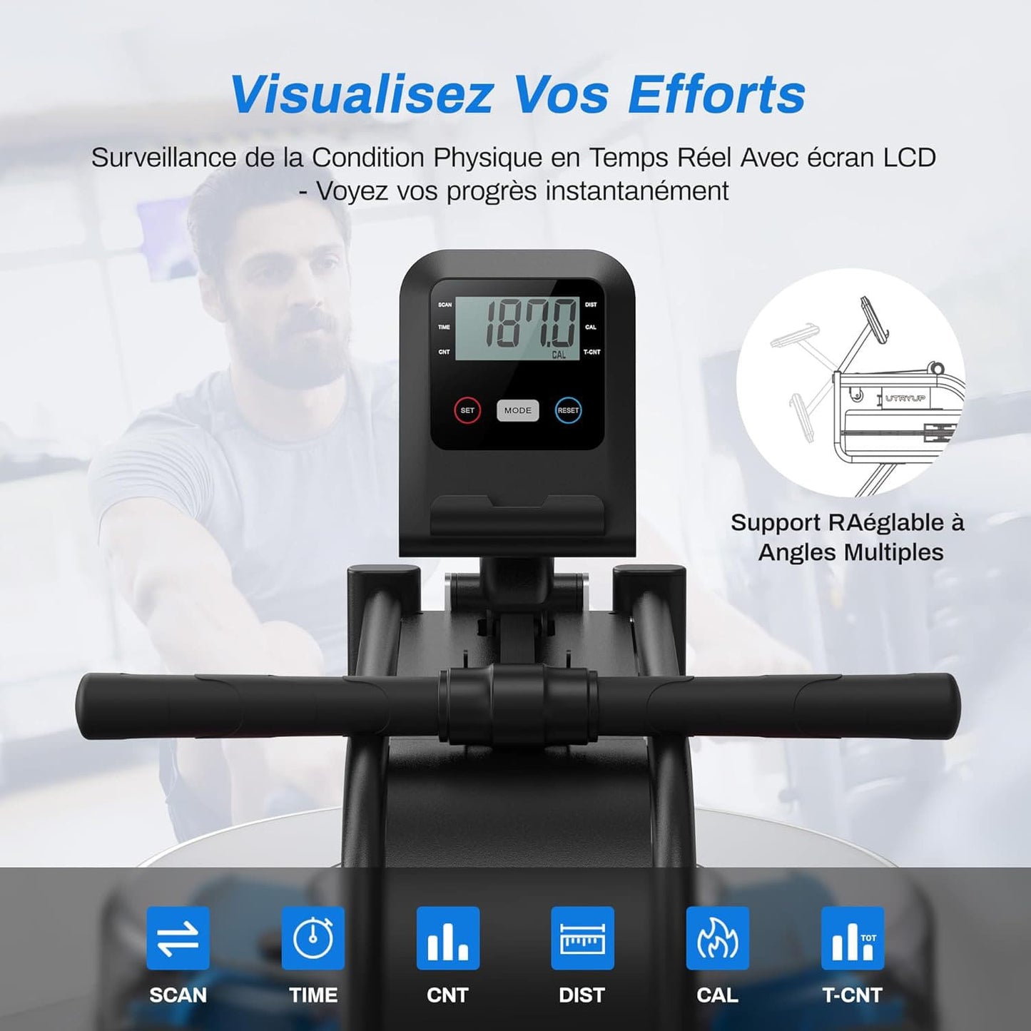 Rameur à Eau Homefit RowMaster – Réservoir 15 L – Bluetooth – Écran LED – Charge Max. 150 kg
