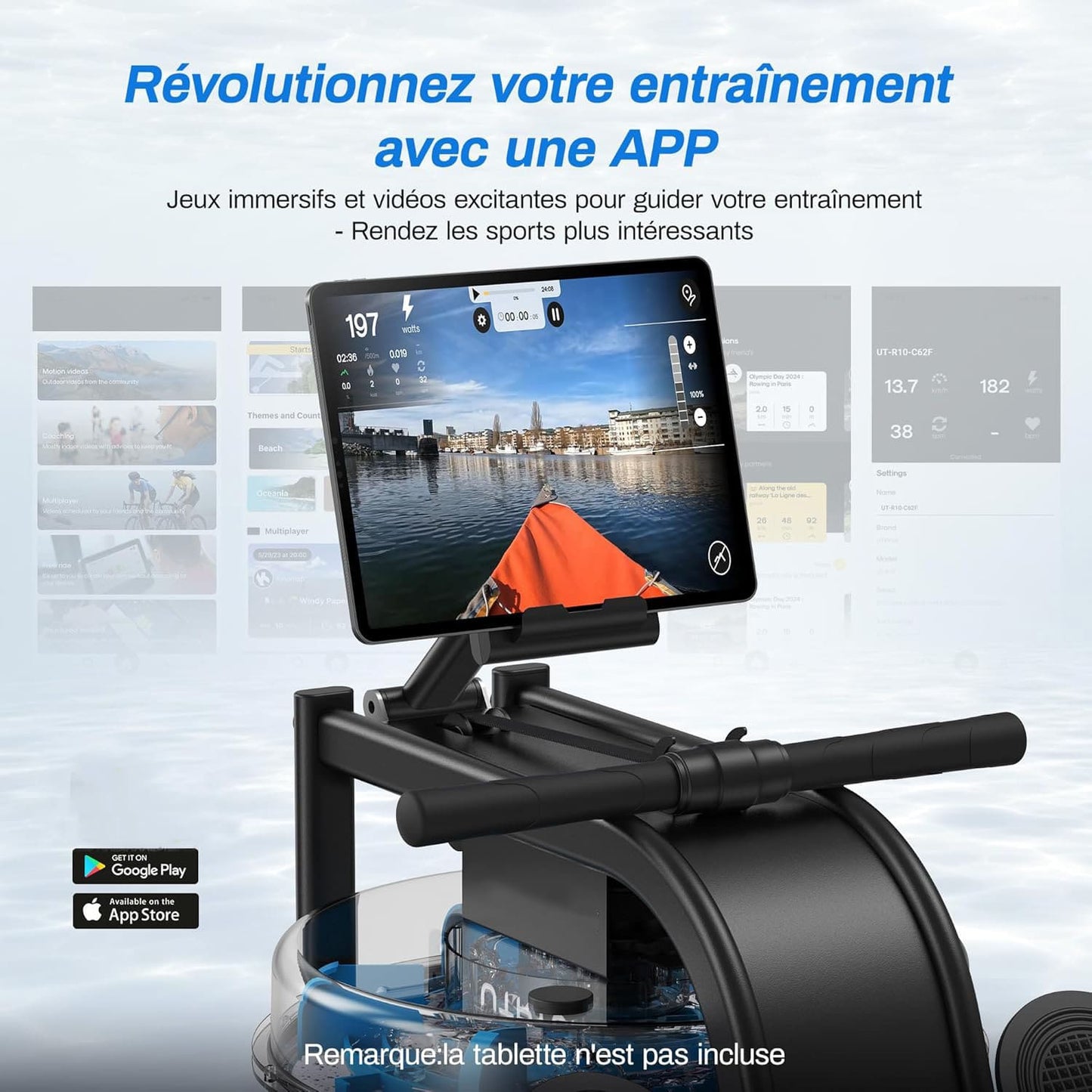 Rameur à Eau Homefit RowMaster – Réservoir 15 L – Bluetooth – Écran LED – Charge Max. 150 kg