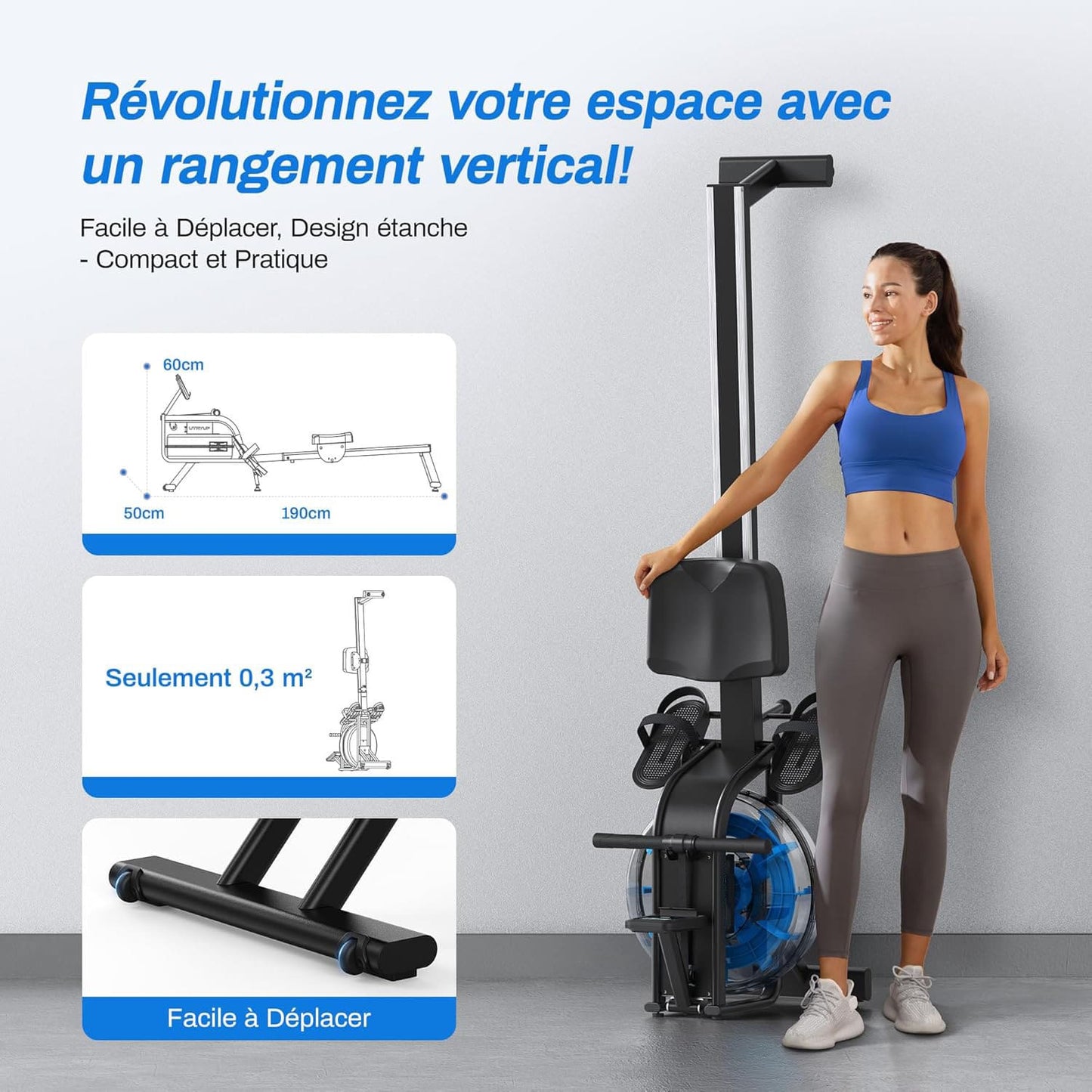 Rameur à Eau Homefit RowMaster – Réservoir 15 L – Bluetooth – Écran LED – Charge Max. 150 kg