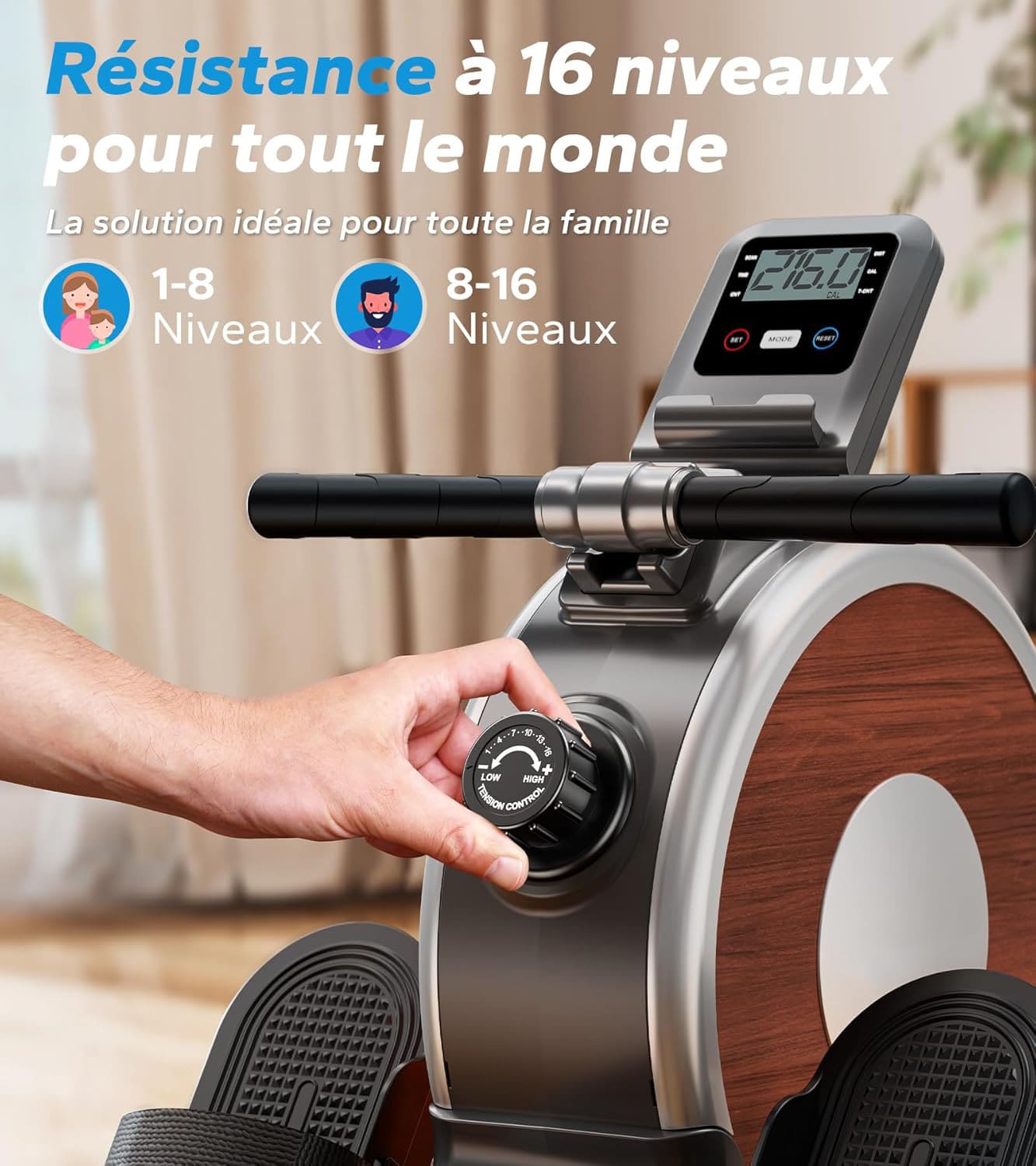 Rameur Magnétique Homefit Evo – 16 Niveaux de Résistance – Double Rail – Bluetooth – Charge Max. 160 kg
