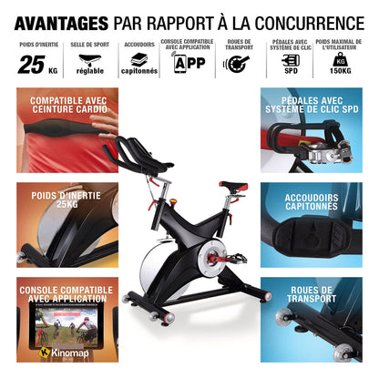 Vélo d’Appartement Homefit SpeedPro – 25 kg d’Inertie – Kinomap – Support Tablette – 150 kg